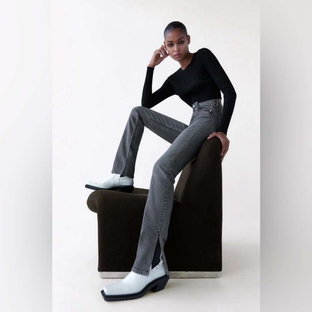 Zara Gray Grunge Split Hem Slim Fit Jeans
